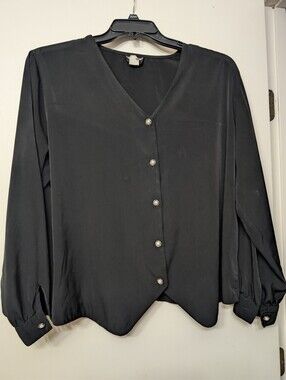 Vintage Notations Woman 20W Black Blouse Pearl Buttons V-Neck Office Chic